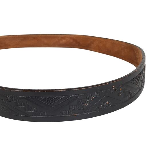 Vintage 90s Tooled Leather Belt Black Distressed Mens 40 Western Wear Boho Aztec - Picture 4 of 8